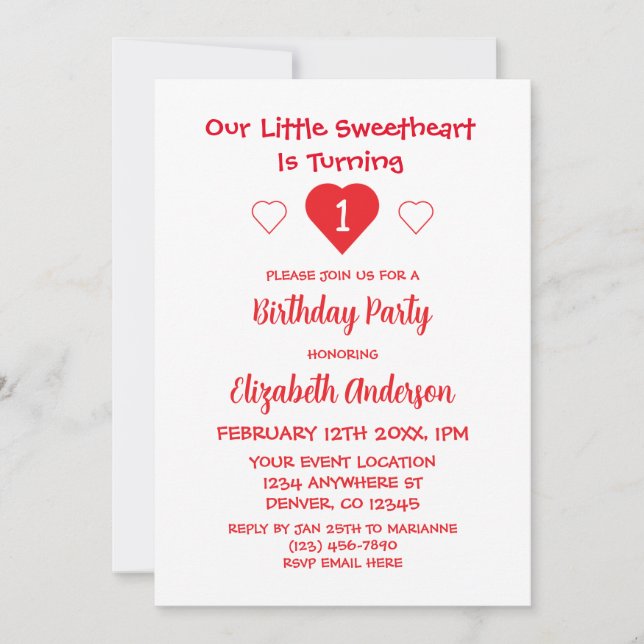 Invitación Pequeño corazón primer cumpleaños (Anverso)