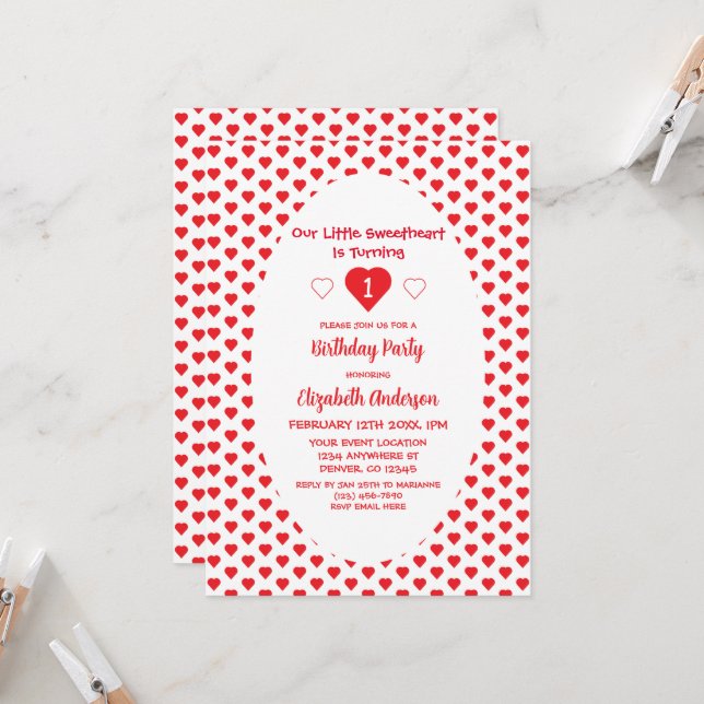 Invitación Pequeño corazón primer cumpleaños (Anverso/Reverso In Situ)