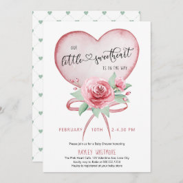 Invitación Pequeño corazón rosado y Rosas Baby Shower