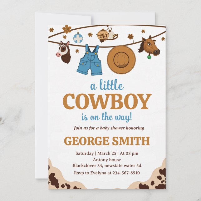 Invitación Pequeño Cowboy Baby Shower honrando al Fiesta (Anverso)