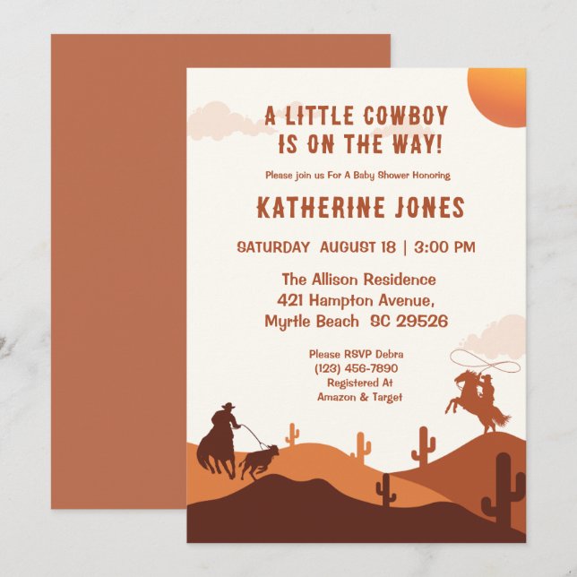 Invitación Pequeño Cowboy Rustic Western Rodeo Baby Shower (Anverso / Reverso)