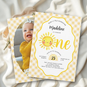 Invitación Pequeño Cumpleaños 1er Sol Amarillo Gingham Sunshi