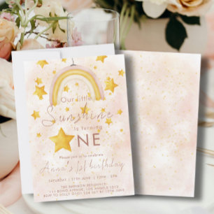 Invitación Pequeño Cumpleaños Boho Arcoíris Estrella Dorada S