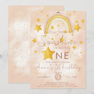 Invitación Pequeño Cumpleaños Boho Arcoíris Estrella Dorada S