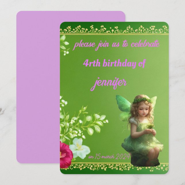 Invitación pequeño cumpleaños de hada (Anverso / Reverso)