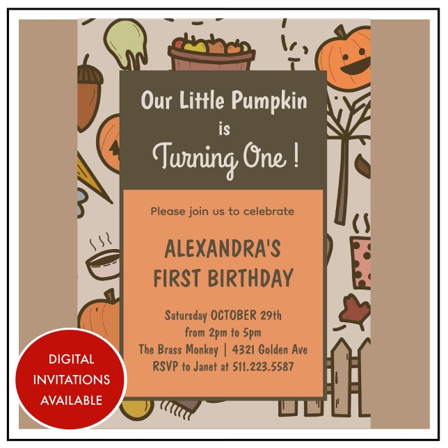 Invitación Pequeño cumpleaños número 1 de otoño de Halloween  (Halloween-1st-birthday-Invitation-Little-Pumpkin-Orange-Fall-1)