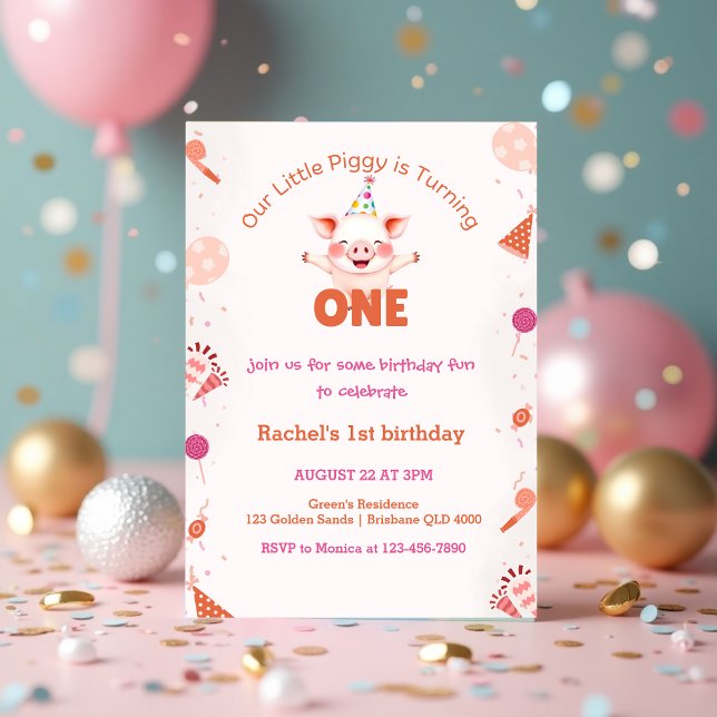 Invitación Pequeño cumpleaños | Tema de Barnyard de granja (Cute Little Piggy 1st Birthday _ Farm Barnyard Theme Invitation)