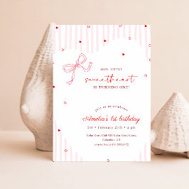 Invitación Pequeño Cumpleaños Uno Lazo Rosa Corazón Dulce