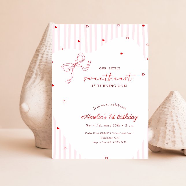 Invitación Pequeño Cumpleaños Uno Lazo Rosa Corazón Dulce (Subido por el creador)