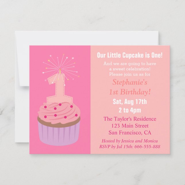 Invitación Pequeño Cupcake Cumple Uno, Primera Fiesta de Cump (Anverso)
