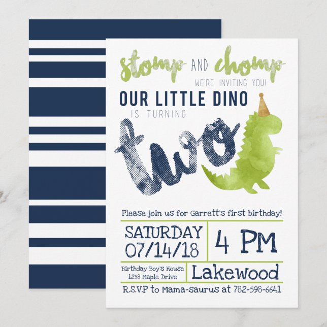 Invitación Pequeño Dino 2º tema de los cumpleaños de Dinosaur (Anverso / Reverso)