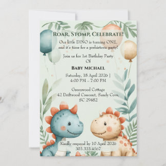 Invitación Pequeño Dino Cumpleaños Uno Pastel Acuarela Cumple