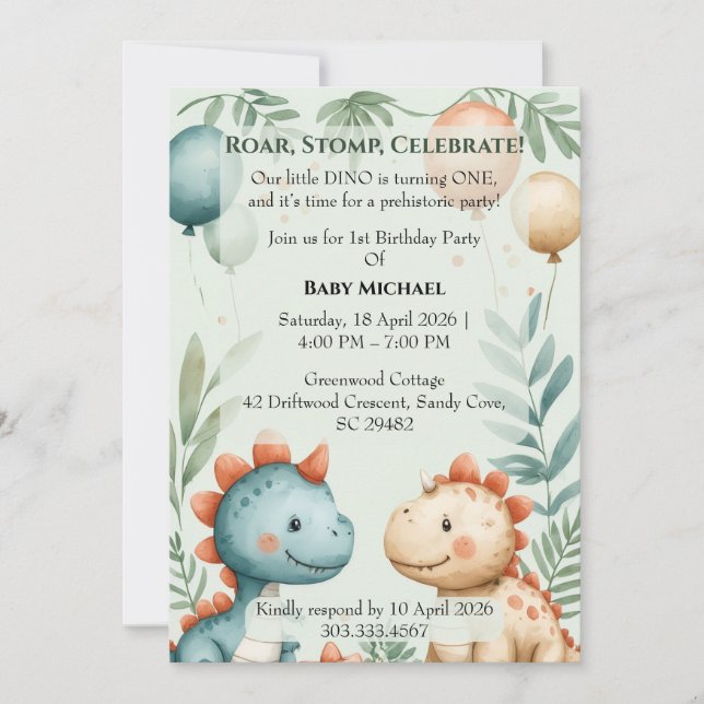 Invitación Pequeño Dino Cumpleaños Uno Pastel Acuarela Cumple (Anverso)