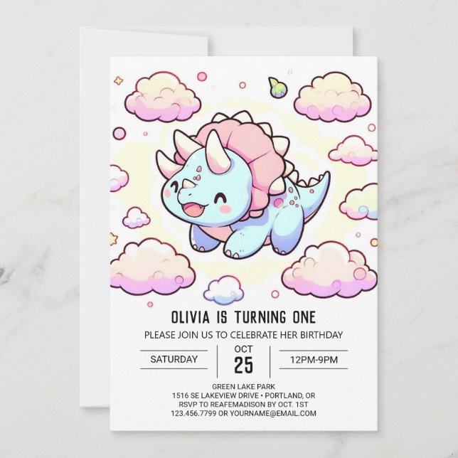 Invitación Pequeño Dinosaurio Adorable Primer Cumpleaños (Anverso)