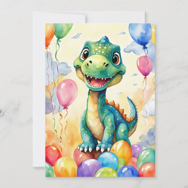 Invitación Pequeño dinosaurio lindo con muchos globos de colo (Anverso)
