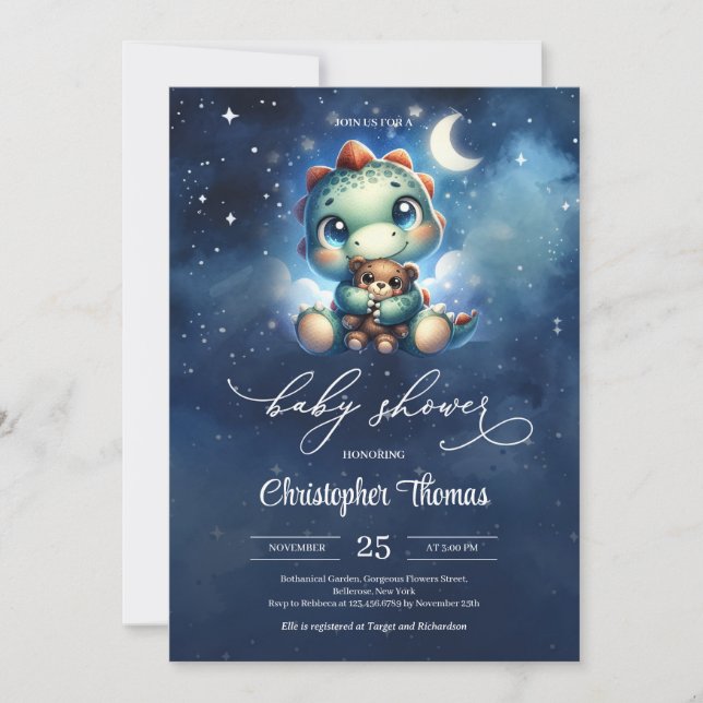 Invitación Pequeño dinosaurio lindo en el cielo estrellado (Anverso)
