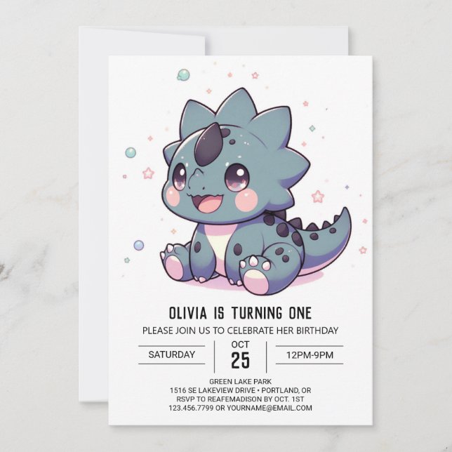 Invitación Pequeño Dinosaurio mítico primer cumpleaños (Anverso)