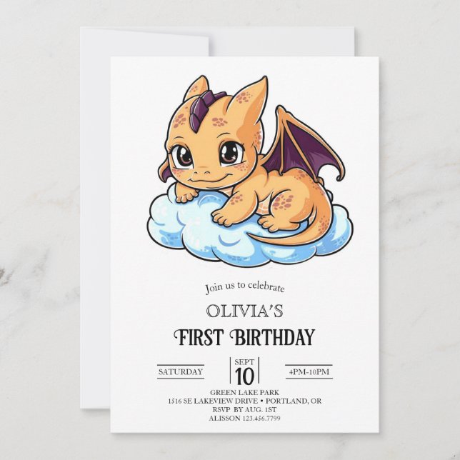Invitación Pequeño Dragón Digital Editable Primer Cumpleaños (Anverso)
