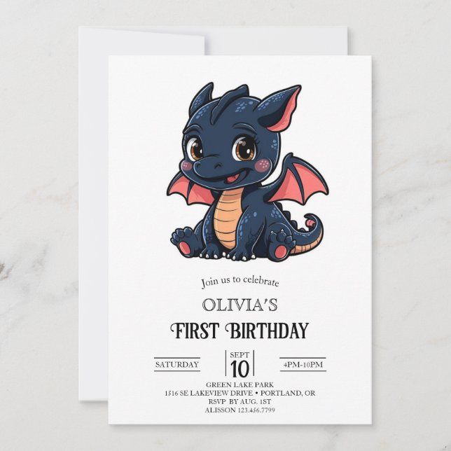 Invitación Pequeño Dragón Digital Fantasía Primer Cumpleaños (Anverso)
