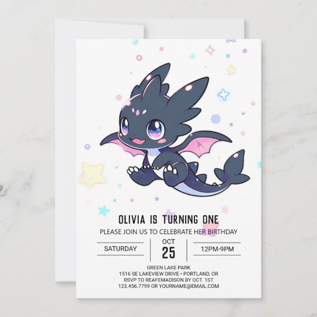 Invitación Pequeño Dragón lindo primer cumpleaños (Anverso)