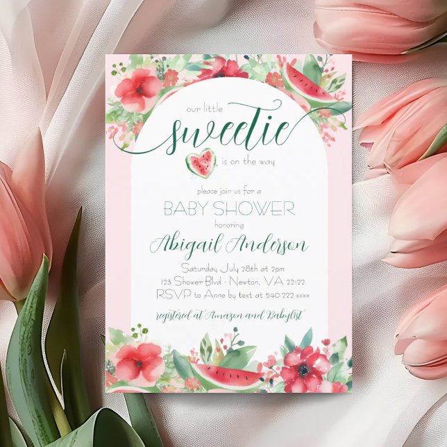 Invitación Pequeño dulce sandía rosada Baby Shower floral (Little Sweetie Watermelon Floral Baby Shower Invitation)