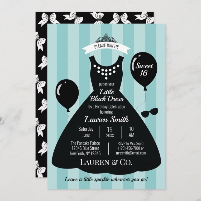 Invitación Pequeño dulce vestido negro 16 cumpleaños (Anverso / Reverso)