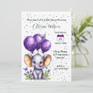 Invitación Pequeño Elefante con Globos Morados Soñadores