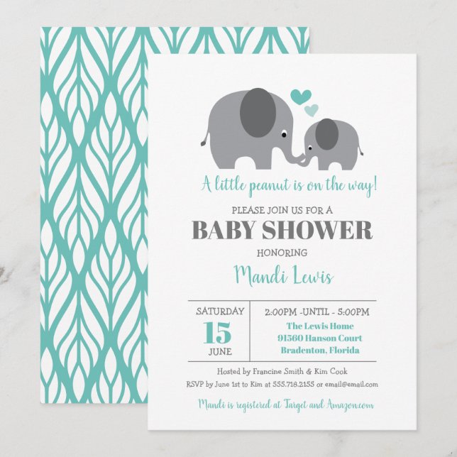 Invitación Pequeño elefante de cacahuate Verde azulado Baby S (Anverso / Reverso)