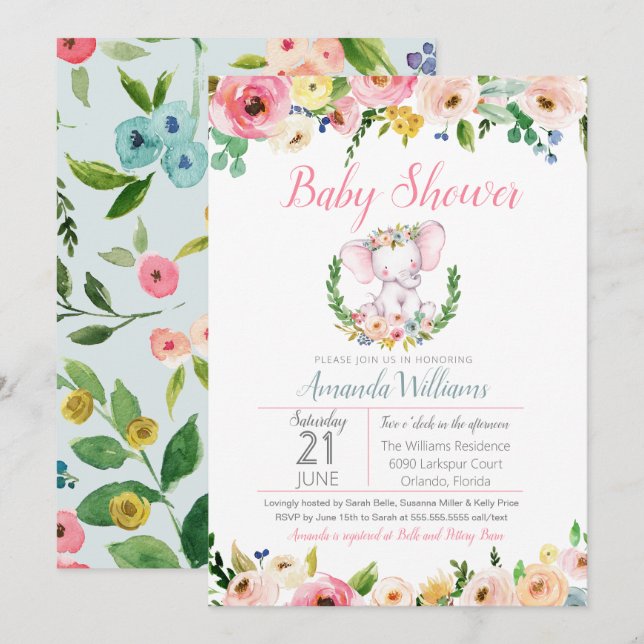 Invitación Pequeño elefante primavera verano flores Baby Show (Anverso / Reverso)
