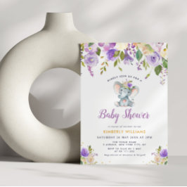 Invitación pequeño elefante púrpura ducha de bebé floral