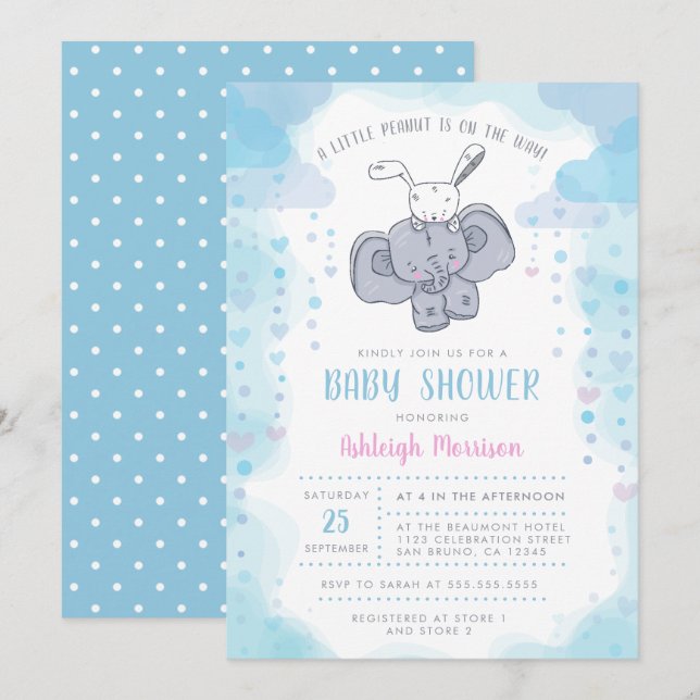 Invitación Pequeño elefante y bebé conejito niño ducha (Anverso / Reverso)