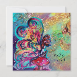 Invitación PEQUEÑO ELF DE HONGOS , Oro amarillo azul destello