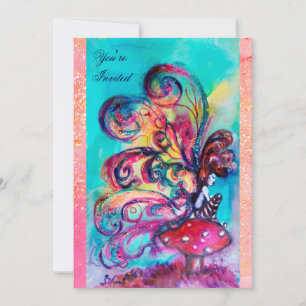 Invitación PEQUEÑO ELF DE HONGOS, rosa amarillo azul destello