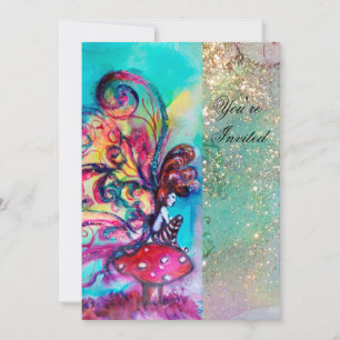 Invitación PEQUEÑO ELF DE HONGOS, rosa amarillo azul destello