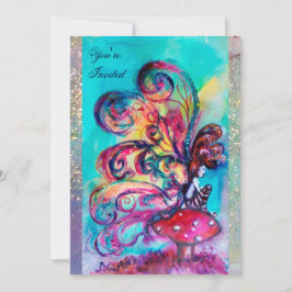 Invitación PEQUEÑO ELF DE HONGOS, rosa amarillo azul destello