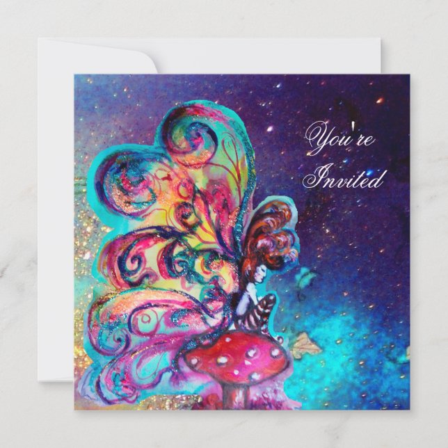 Invitación PEQUEÑO ELF DE HONGOS, rosa amarillo azul destello (Anverso)