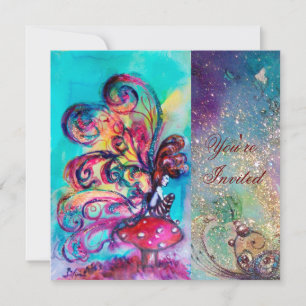 Invitación PEQUEÑO ELF DE HONGOS, rosa amarillo azul destello