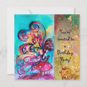 Invitación PEQUEÑO ELF DE HONGOS, rosa amarillo azul destello