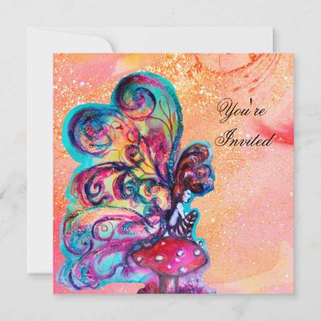 Invitación PEQUEÑO ELF DE HONGOS, rosa destello amarillo oro (Anverso)