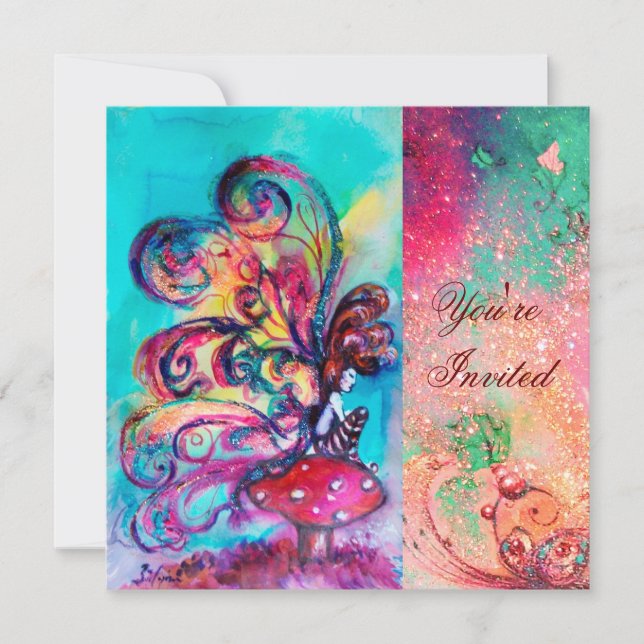 Invitación PEQUEÑO ELF DE HONGOS, rosa verde azul destello (Anverso)