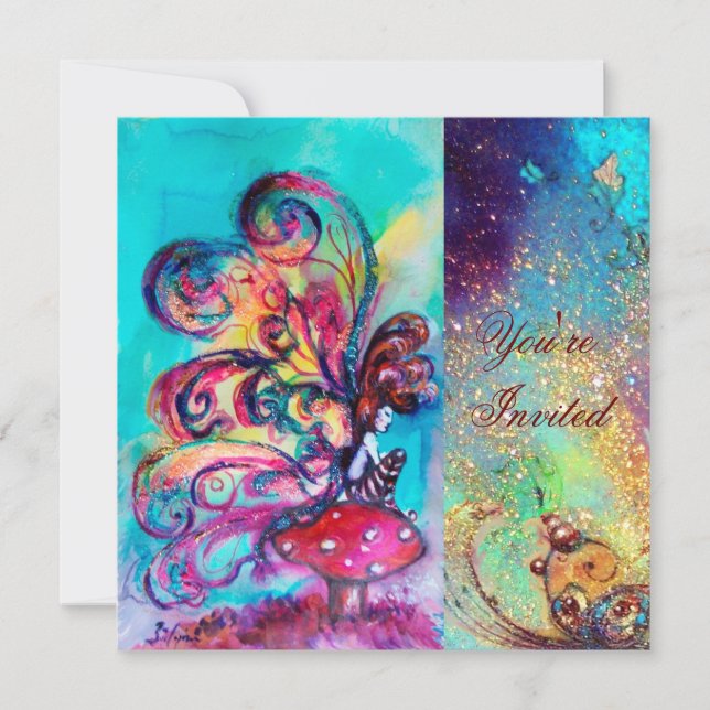 Invitación PEQUEÑO ELF DE HONGOS, rosa verde azul destello (Anverso)