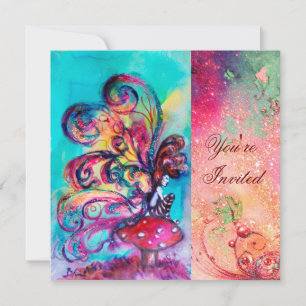 Invitación PEQUEÑO ELF DE HONGOS, rosa verde azul destello