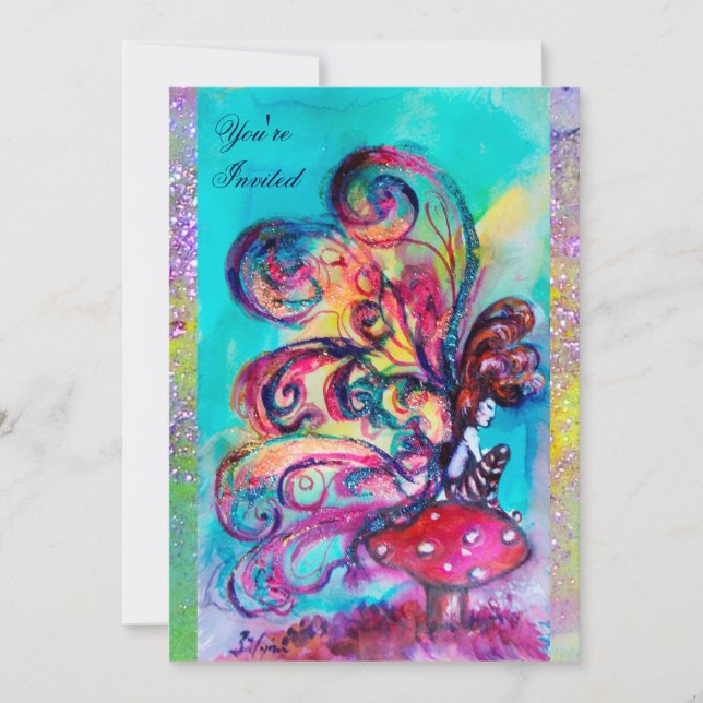 Invitación PEQUEÑO ELF DE MUSHROOMS ,chispa azul morado (Anverso)