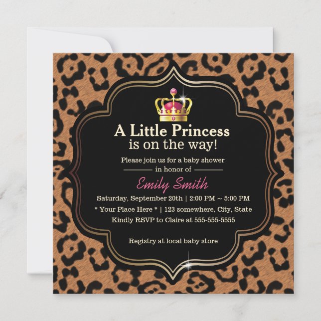 Invitación Pequeño estampado leopardo Baby Shower de princesa (Anverso)