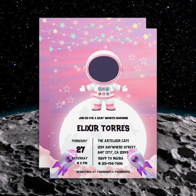 Invitación Pequeño Explorador del espacio exterior rosa Baby  (Subido por el creador)