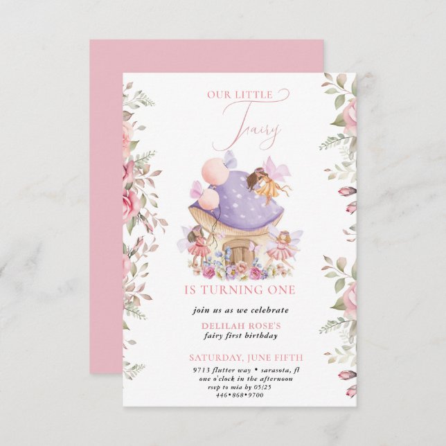 Invitación  Pequeño Fairy Whimsical Magical 1er cumpleaños (Anverso / Reverso)