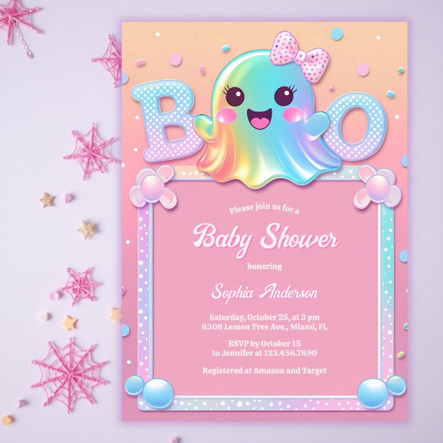 Invitación Pequeño fantasma, Chica de Halloween aburrido Baby (Little Boo Iridescent Ghost Baby Shower Invitation Cute Halloween Coquette Girl Invite for Fall)