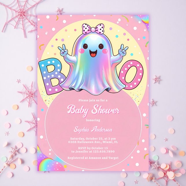 Invitación Pequeño fantasma Chica Halloween rosa lindo Baby S (Little Boo Iridescent Ghost Baby Shower Invitation Cute Halloween Coquette Girl Invite)