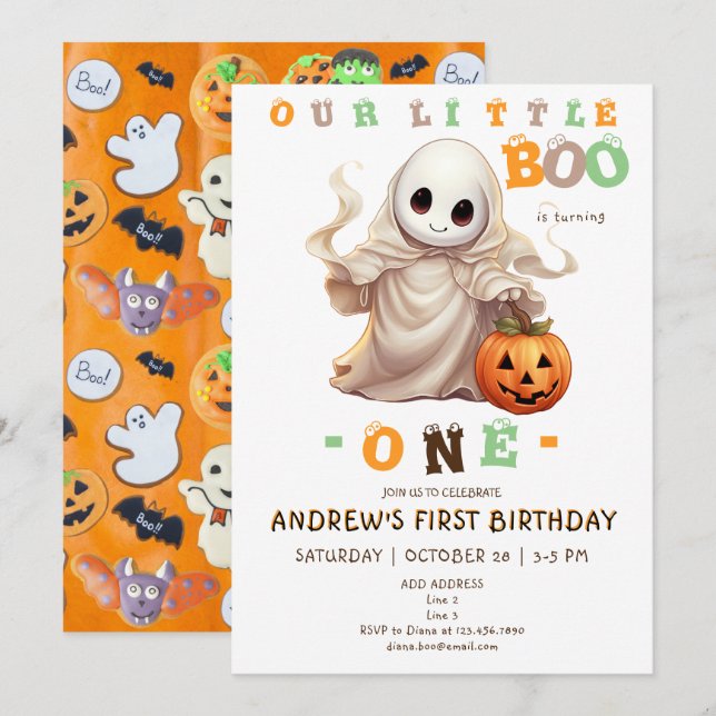Invitación Pequeño fantasma de Boo Halloween cualquier edad p (Anverso / Reverso)