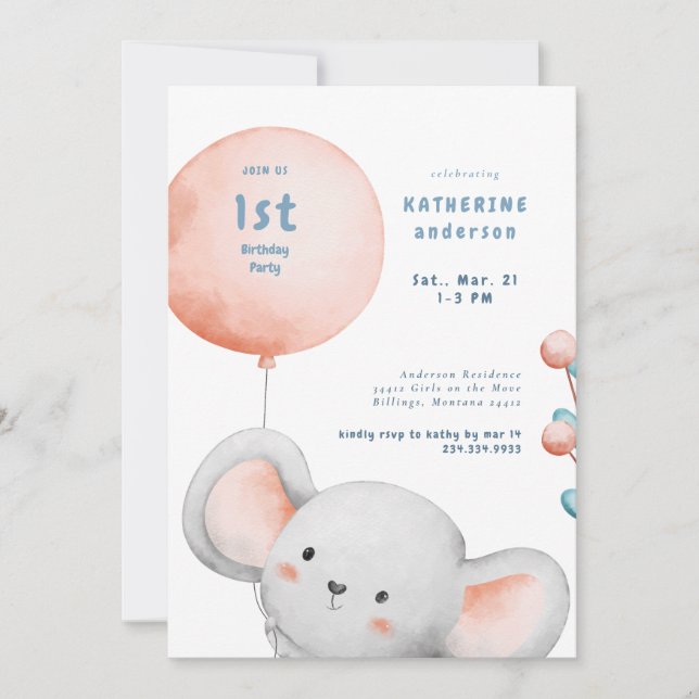 Invitación Pequeño Fiesta de cumpleaños de Rubor y azul de ra (Anverso)